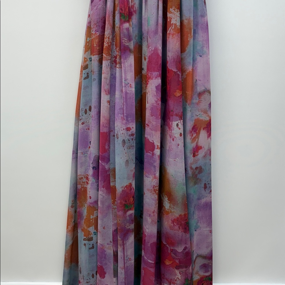Fame & Partners Watercolor Floral Ombre Pleated A-Line Maxi Dress Purple 6 - Picture 3 of 7